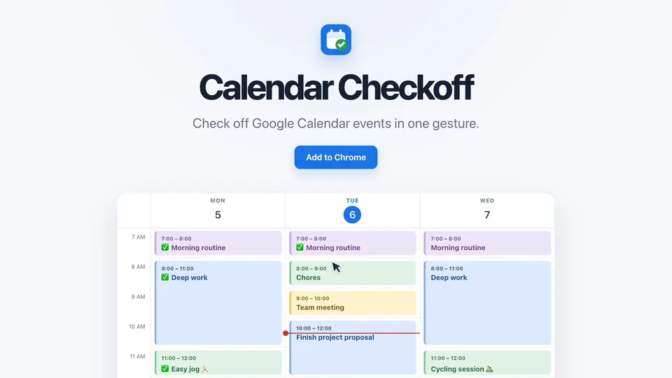 The Calendar Checkoff website: a week of colored events, some checked off with a green check, each keeping its color.