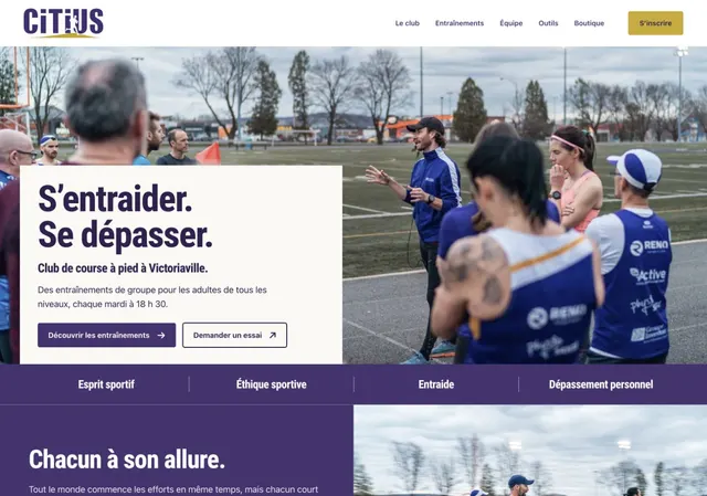 The new Citius homepage, with a group training photo, the club’s motto, and links to training and a trial session.