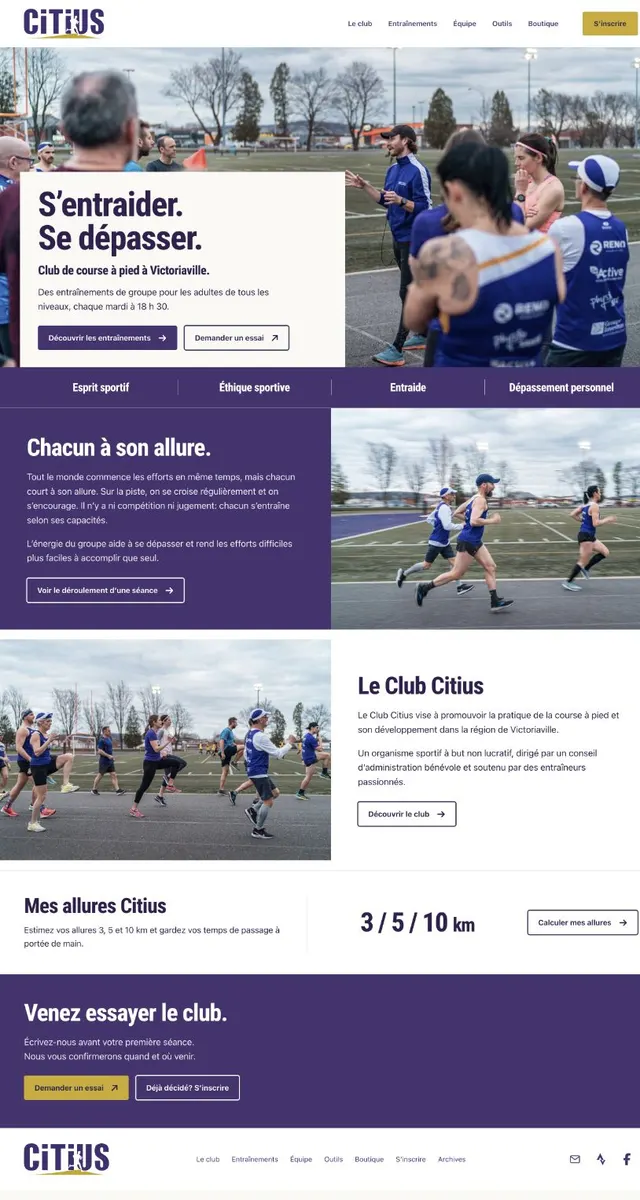 The implemented Citius homepage with the club’s actual motto and a group training photograph.