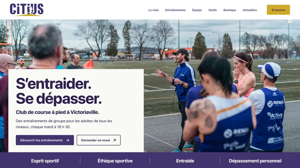 The Club Citius homepage: the motto S’entraider. Se dépasser., a group training photo, and links to the training and a trial session.