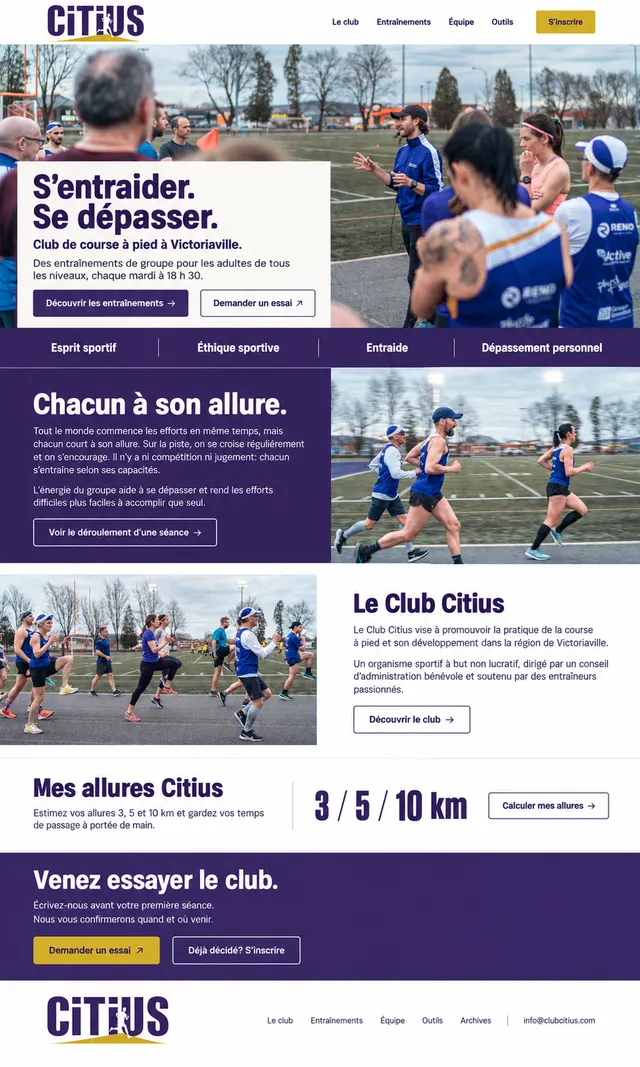 The selected Citius mockup, with a full-width club photograph and the headline S’entraider. Se dépasser.