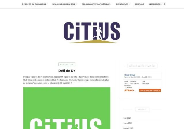 The old Citius homepage, with its club logo and latest blog article.