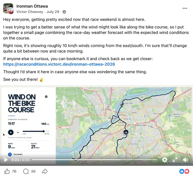 My July 29 Facebook post sharing Race Conditions with the Ironman Ottawa group, including a bike-course video preview, 76 reactions and 30 comments.