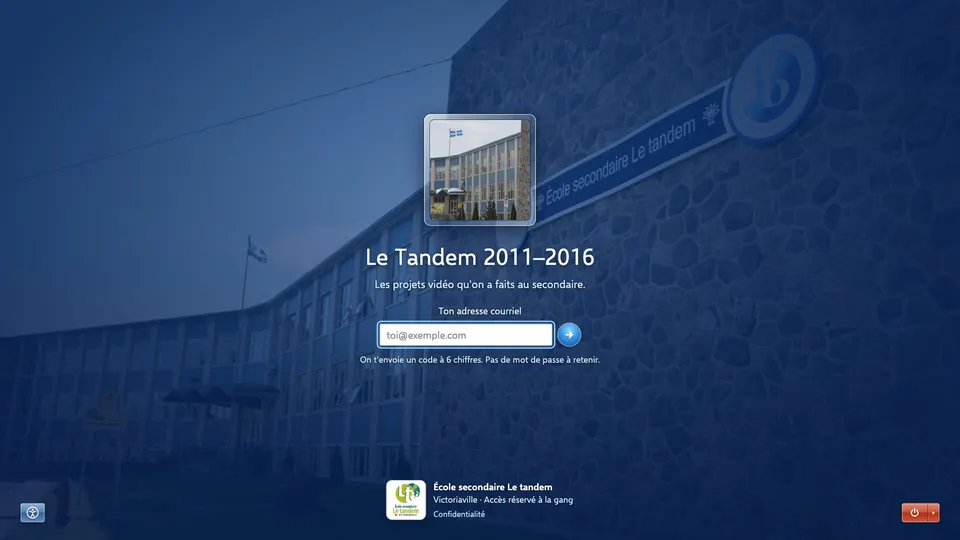 The Tandem sign-in screen: a Windows 7 logon over a photo of the school, asking for an email address to receive a 6-digit code.